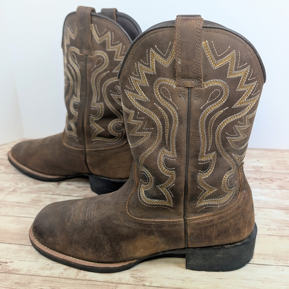 Cowboy Western Square Toe Brown Leather Boots EUC Men's Size 8 Survivors Brand - Picture 2 of 14